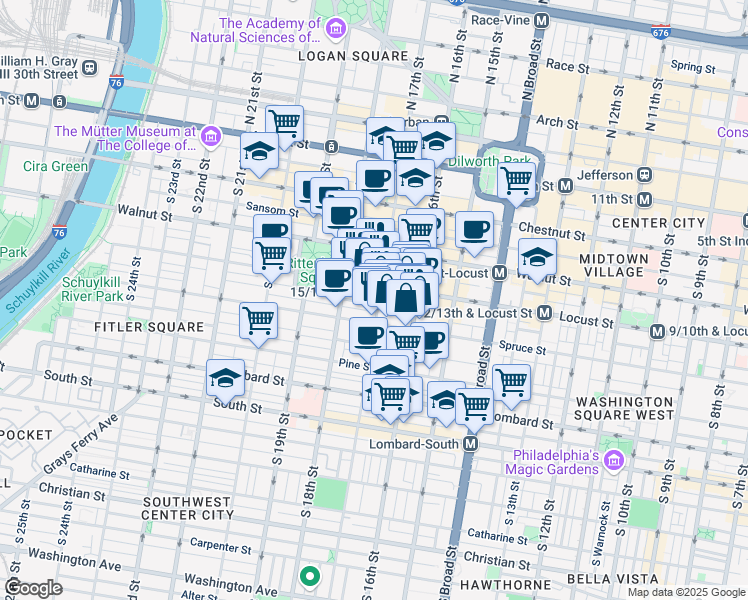 map of restaurants, bars, coffee shops, grocery stores, and more near 263 South 17th Street in Philadelphia