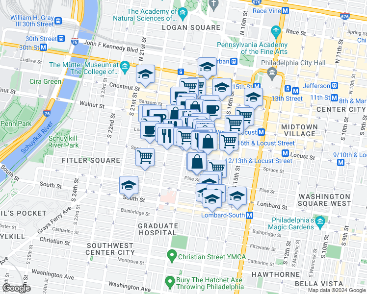 map of restaurants, bars, coffee shops, grocery stores, and more near 1800 Rittenhouse Square in Philadelphia