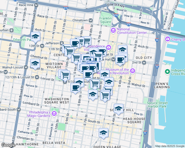 map of restaurants, bars, coffee shops, grocery stores, and more near 709 Walnut Street in Philadelphia