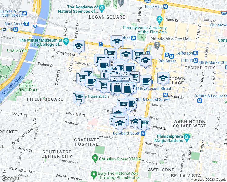 map of restaurants, bars, coffee shops, grocery stores, and more near 250 South 17th Street in Philadelphia