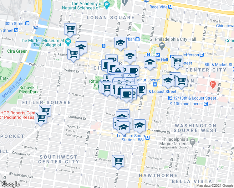 map of restaurants, bars, coffee shops, grocery stores, and more near 250 South 17th Street in Philadelphia