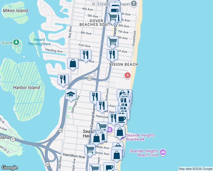 map of restaurants, bars, coffee shops, grocery stores, and more near 1515 Ocean Boulevard in Seaside Heights
