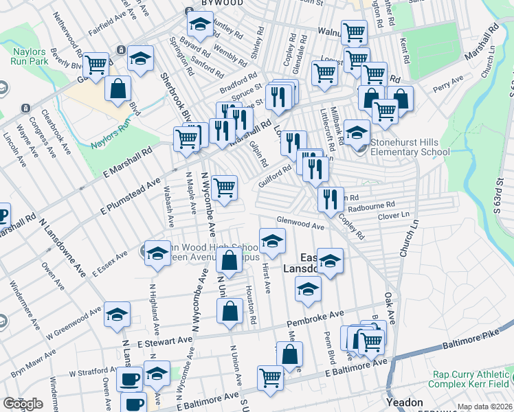 map of restaurants, bars, coffee shops, grocery stores, and more near 7284 Radbourne Road in Upper Darby