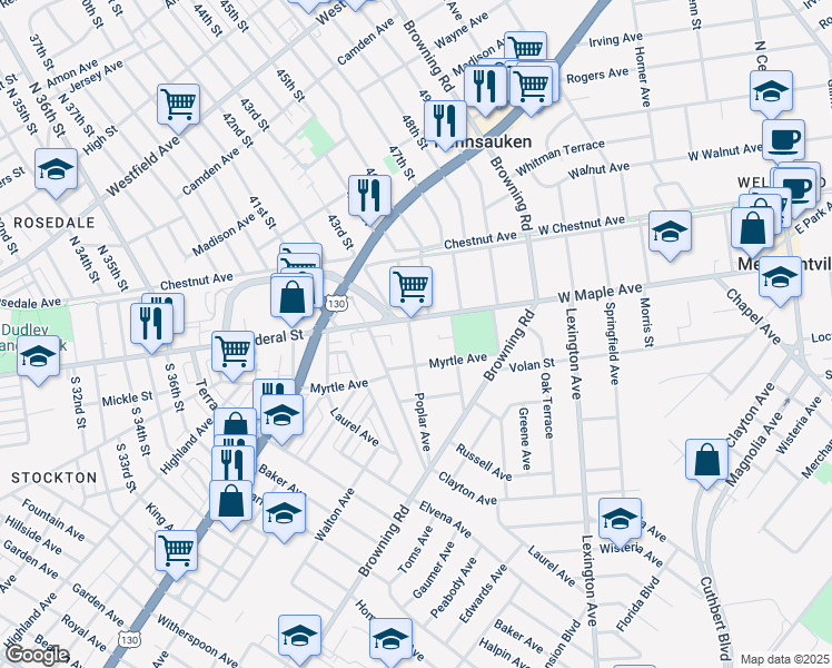 map of restaurants, bars, coffee shops, grocery stores, and more near 107 Poplar Avenue in Merchantville