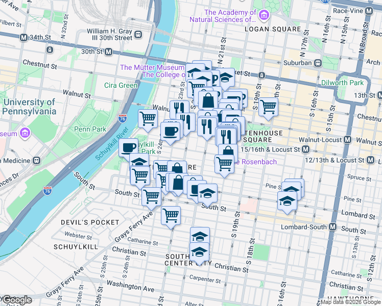 map of restaurants, bars, coffee shops, grocery stores, and more near in Philadelphia