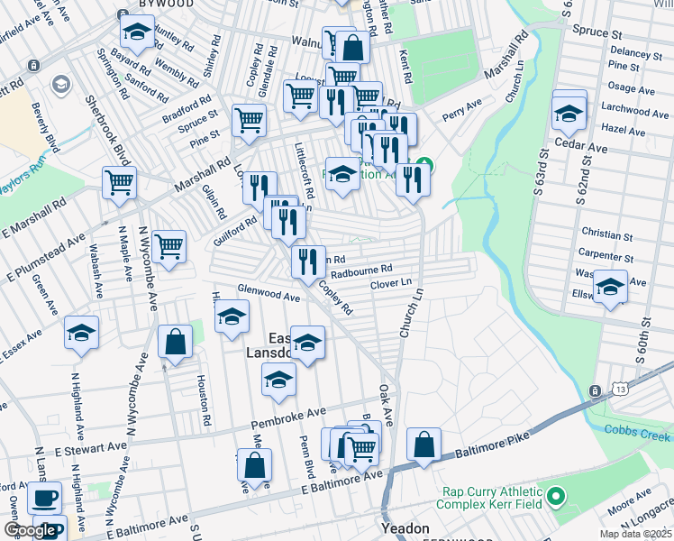 map of restaurants, bars, coffee shops, grocery stores, and more near 7149 Radbourne Road in Upper Darby