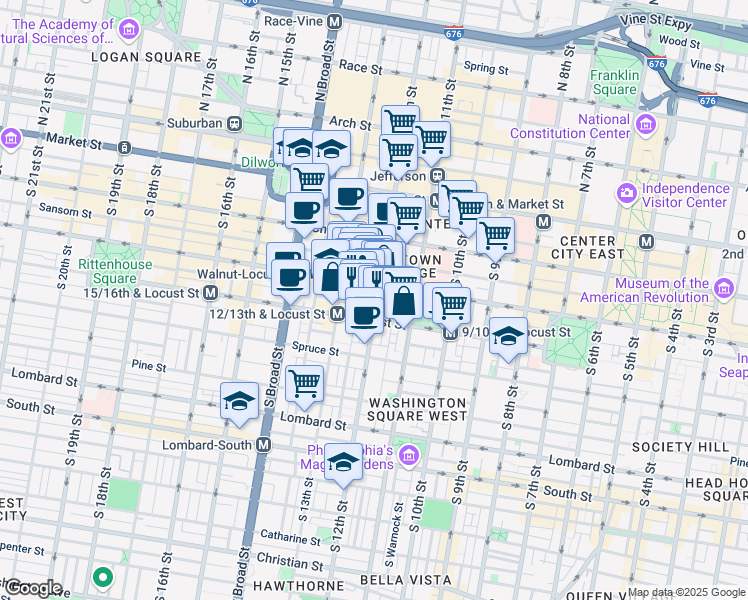 map of restaurants, bars, coffee shops, grocery stores, and more near 204 South 12th Street in Philadelphia