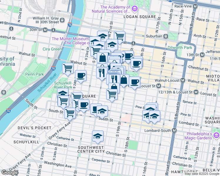map of restaurants, bars, coffee shops, grocery stores, and more near 2013 Spruce Street in Philadelphia
