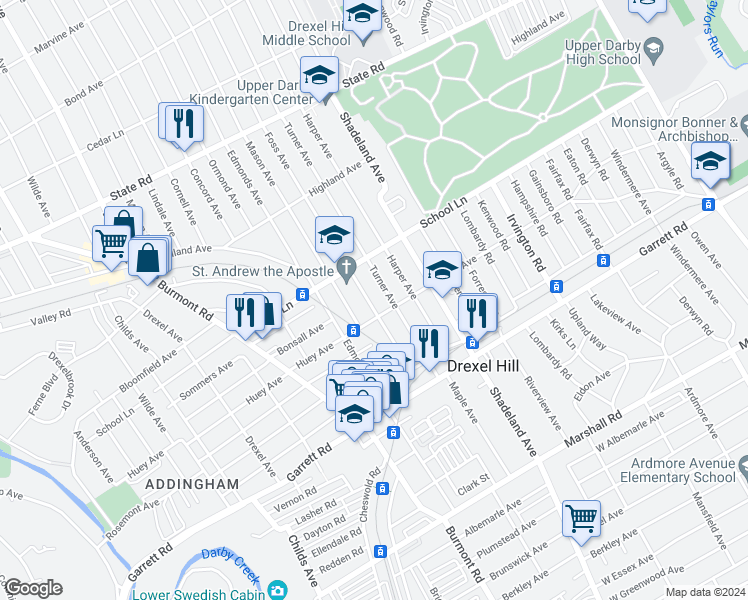 map of restaurants, bars, coffee shops, grocery stores, and more near 515 Foss Avenue in Drexel Hill