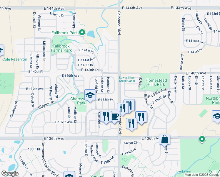 map of restaurants, bars, coffee shops, grocery stores, and more near 13908 Harrison Drive in Thornton