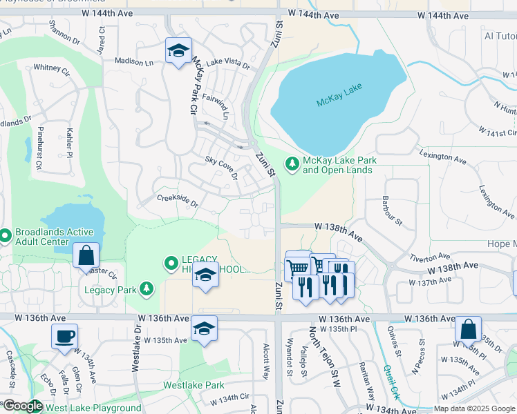 map of restaurants, bars, coffee shops, grocery stores, and more near 900 Lake Song Lane in Broomfield