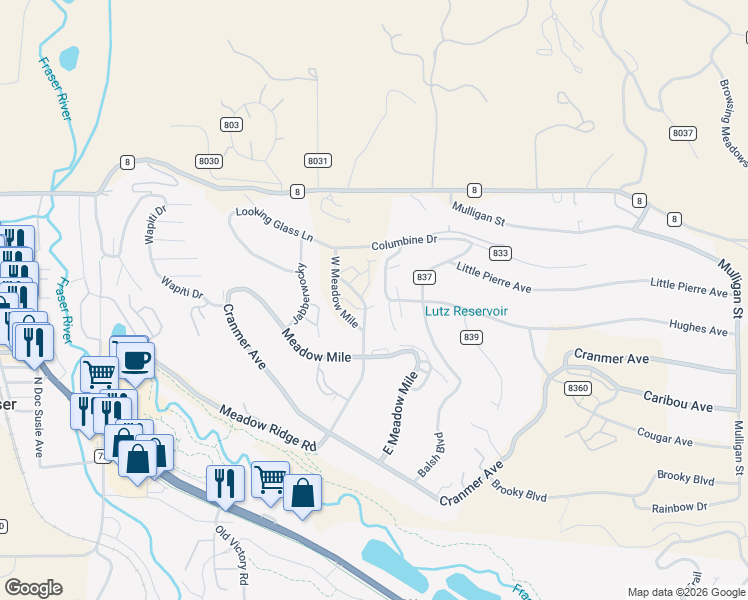 map of restaurants, bars, coffee shops, grocery stores, and more near 160 County Road 840 in Fraser