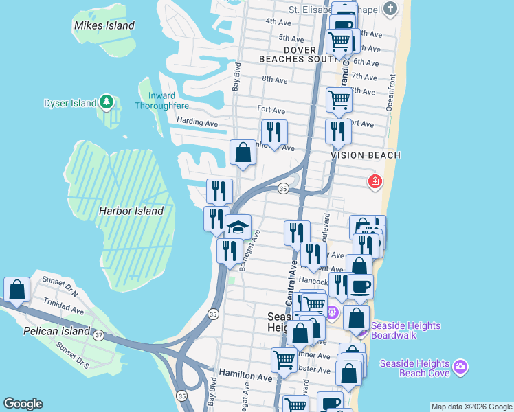 map of restaurants, bars, coffee shops, grocery stores, and more near 314 Sampson Avenue in Seaside Heights