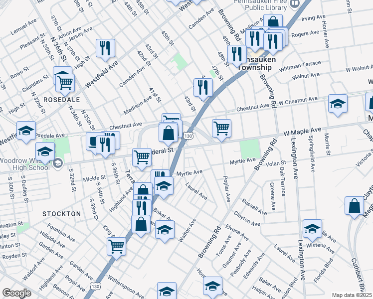 map of restaurants, bars, coffee shops, grocery stores, and more near 4115 Carmen Street in Pennsauken Township