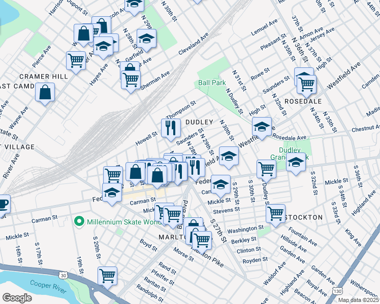map of restaurants, bars, coffee shops, grocery stores, and more near 2719 Cramer Street in Camden