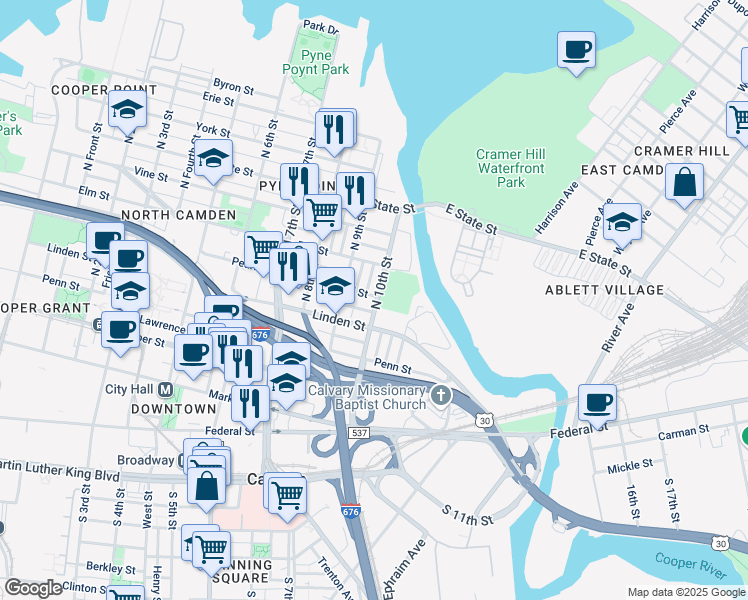map of restaurants, bars, coffee shops, grocery stores, and more near 421 North 10th Street in Camden