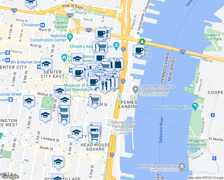 map of restaurants, bars, coffee shops, grocery stores, and more near 50 South Front Street in Philadelphia