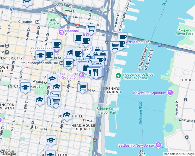 map of restaurants, bars, coffee shops, grocery stores, and more near 113 Chestnut Street in Philadelphia