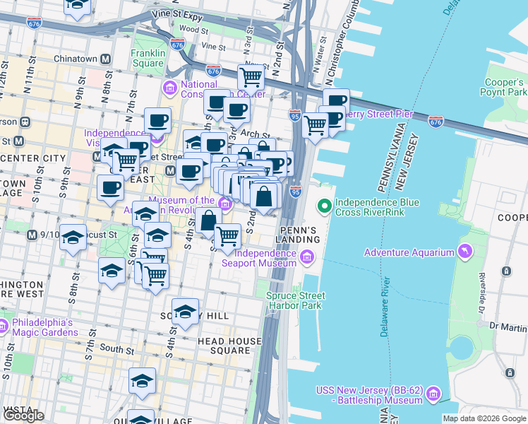 map of restaurants, bars, coffee shops, grocery stores, and more near 107 South 2nd Street in Philadelphia