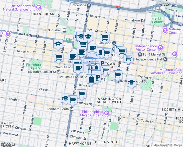 map of restaurants, bars, coffee shops, grocery stores, and more near 1301 Locust Street in Philadelphia