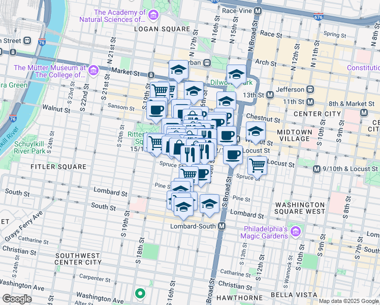map of restaurants, bars, coffee shops, grocery stores, and more near 1530 Locust Street in Philadelphia