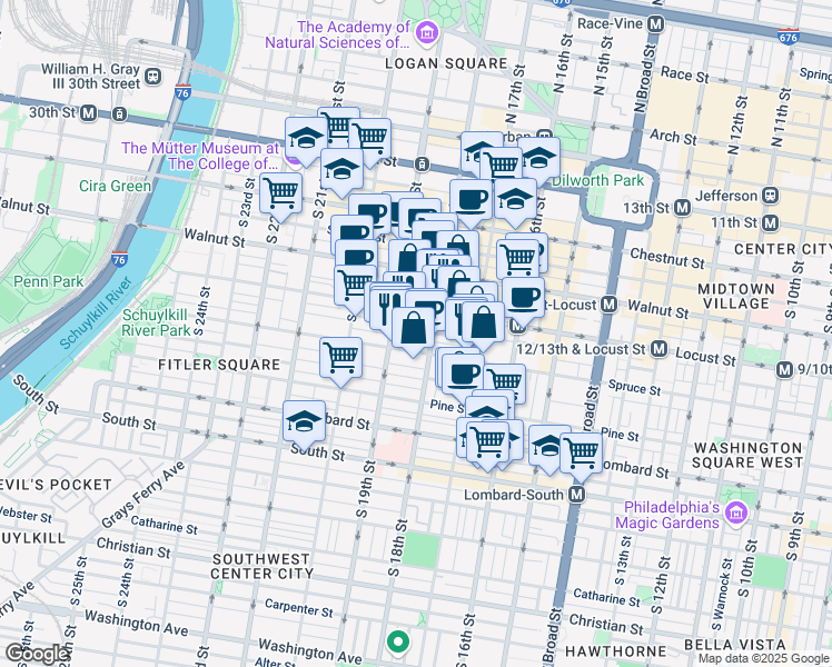 map of restaurants, bars, coffee shops, grocery stores, and more near 237 South 18th Street in Philadelphia