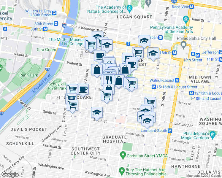 map of restaurants, bars, coffee shops, grocery stores, and more near 1928 Spruce Street in Philadelphia