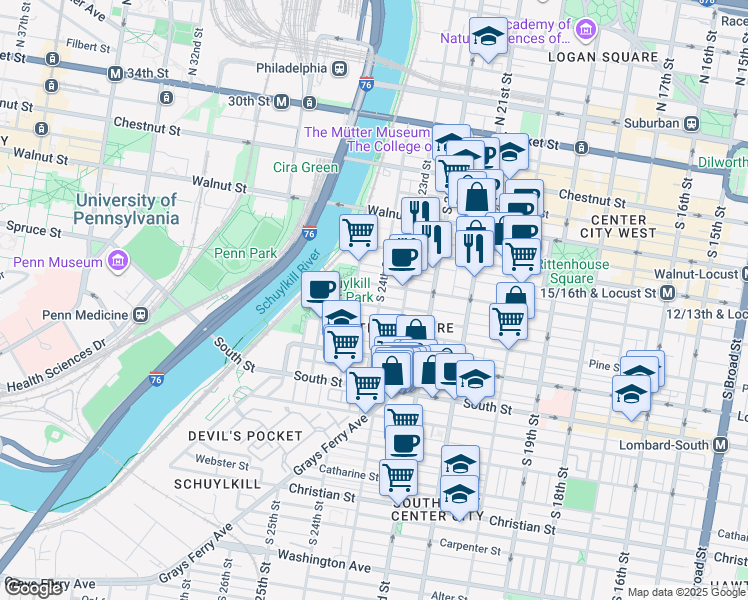 map of restaurants, bars, coffee shops, grocery stores, and more near in Philadelphia