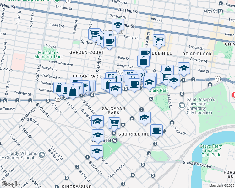 map of restaurants, bars, coffee shops, grocery stores, and more near 907 South 47th Street in Philadelphia