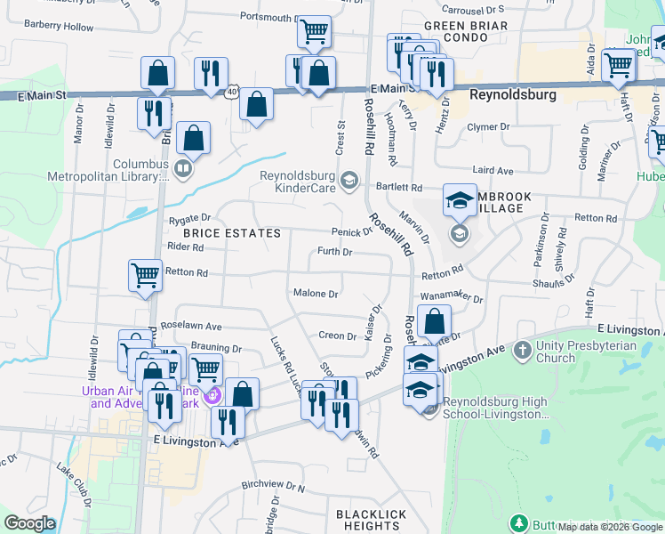 map of restaurants, bars, coffee shops, grocery stores, and more near 6553 Retton Road in Reynoldsburg