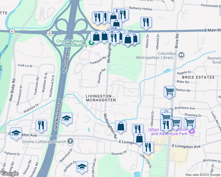 map of restaurants, bars, coffee shops, grocery stores, and more near 1544 McNaughten Road in Columbus