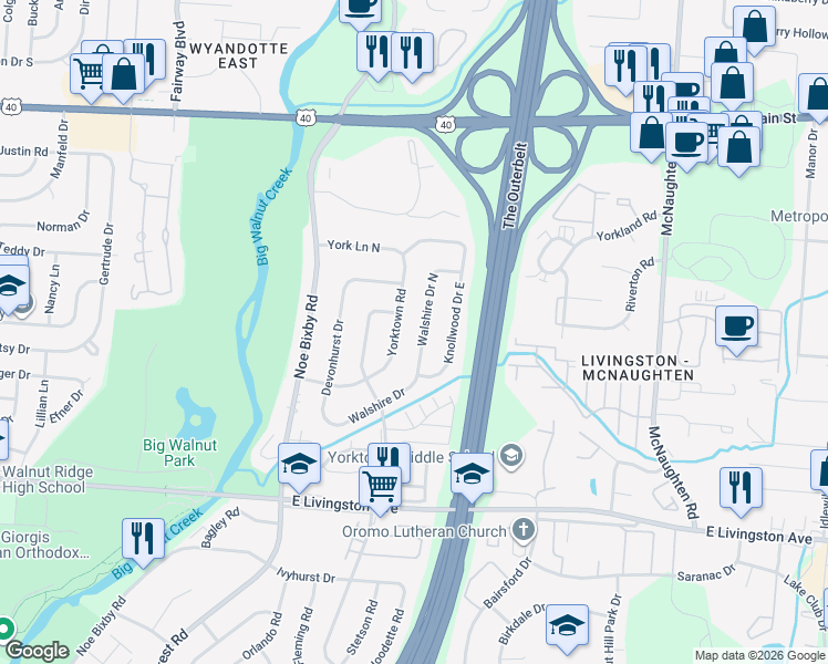map of restaurants, bars, coffee shops, grocery stores, and more near 1420 Walshire Drive North in Columbus