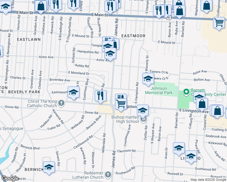 map of restaurants, bars, coffee shops, grocery stores, and more near 1124 South James Road in Columbus