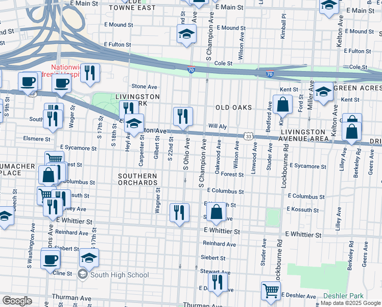 map of restaurants, bars, coffee shops, grocery stores, and more near 834 South Ohio Avenue in Columbus