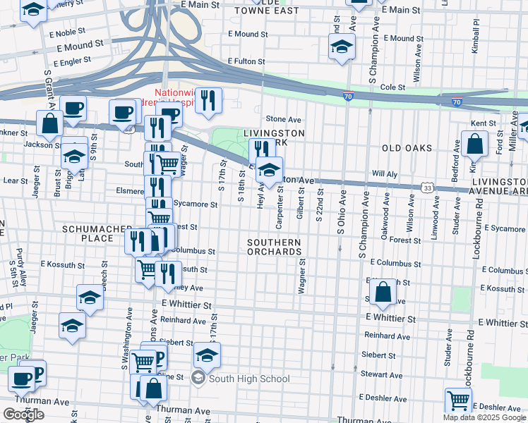 map of restaurants, bars, coffee shops, grocery stores, and more near 805 Heyl Avenue in Columbus