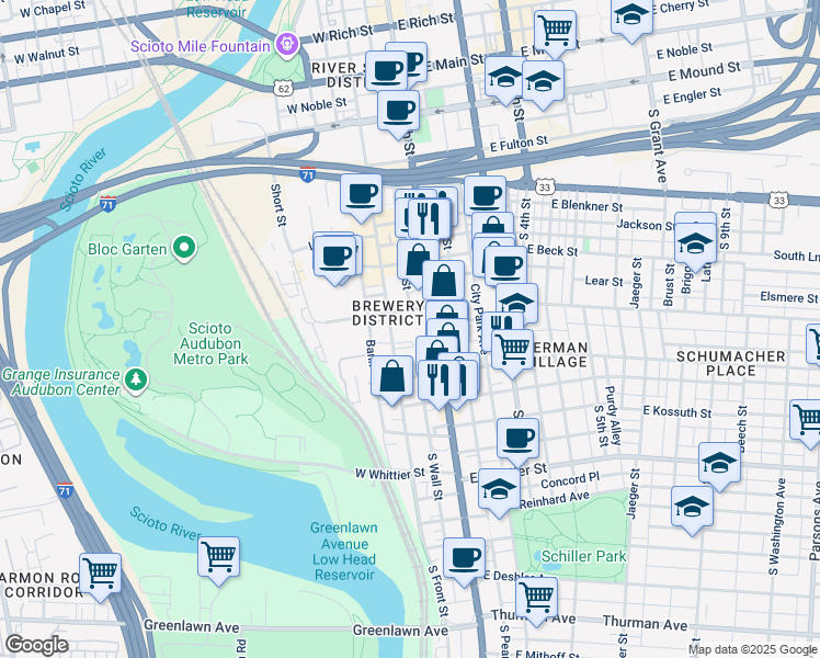 map of restaurants, bars, coffee shops, grocery stores, and more near 681 South Front Street in Columbus