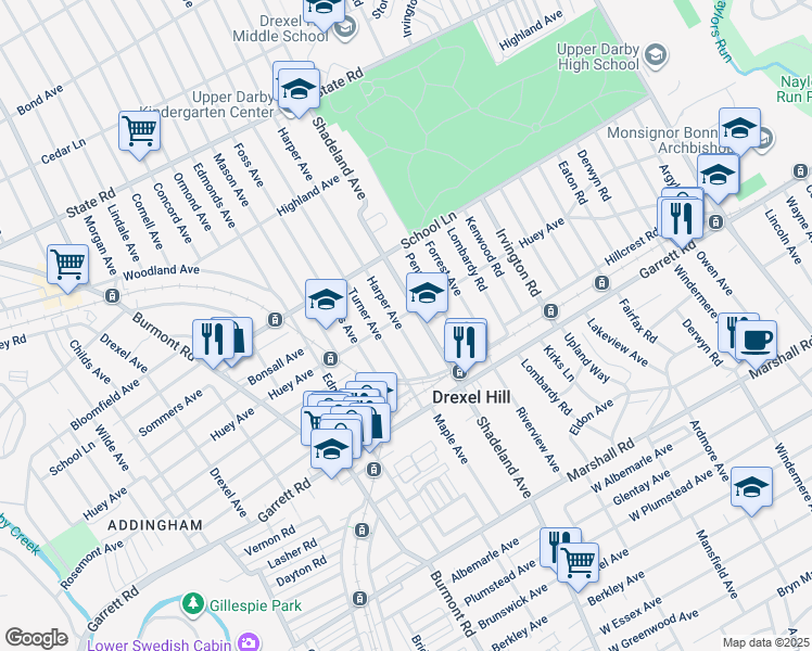 map of restaurants, bars, coffee shops, grocery stores, and more near 475 Harper Avenue in Drexel Hill