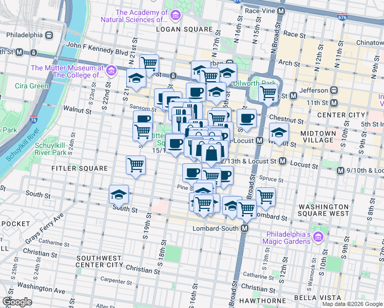map of restaurants, bars, coffee shops, grocery stores, and more near 1707 Rittenhouse Square in Philadelphia