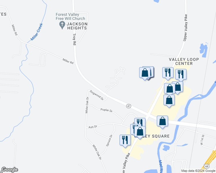 map of restaurants, bars, coffee shops, grocery stores, and more near 1477 Limba Drive in Springfield