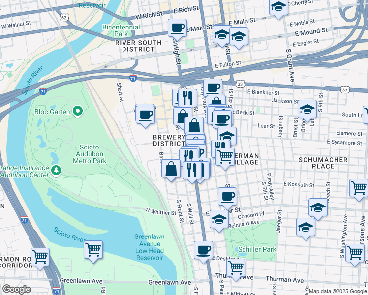 map of restaurants, bars, coffee shops, grocery stores, and more near 684 U.S. 23 in Columbus