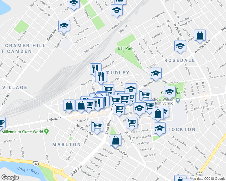 map of restaurants, bars, coffee shops, grocery stores, and more near 135 North 28th Street in Camden