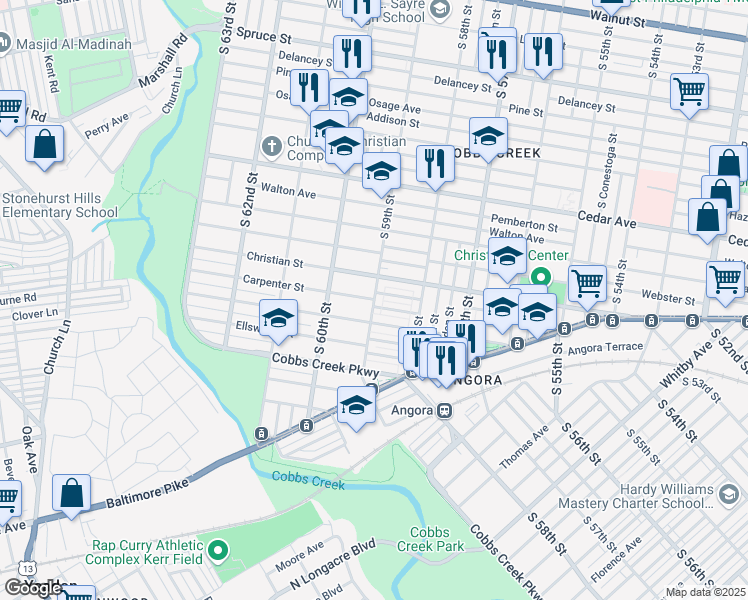 map of restaurants, bars, coffee shops, grocery stores, and more near S 59th St & Carpenter St in Philadelphia