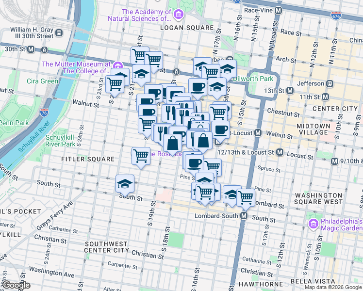 map of restaurants, bars, coffee shops, grocery stores, and more near S 18th St & Rittenhouse Square in Philadelphia