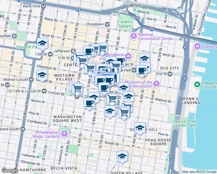map of restaurants, bars, coffee shops, grocery stores, and more near 704 Sansom Street in Philadelphia