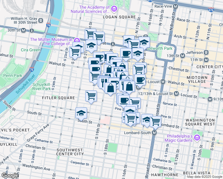 map of restaurants, bars, coffee shops, grocery stores, and more near 1806-18 Rittenhouse Square in Philadelphia