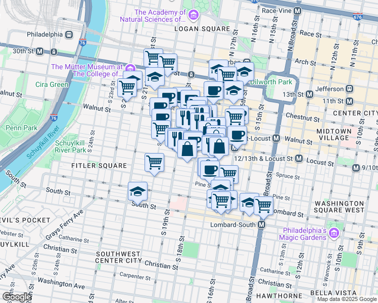 map of restaurants, bars, coffee shops, grocery stores, and more near 237 South 18th Street in Philadelphia