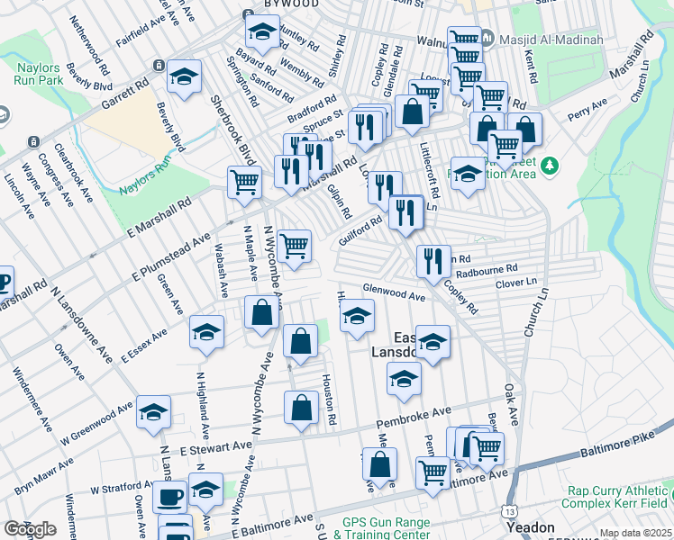 map of restaurants, bars, coffee shops, grocery stores, and more near 7284 Radbourne Road in Delaware County
