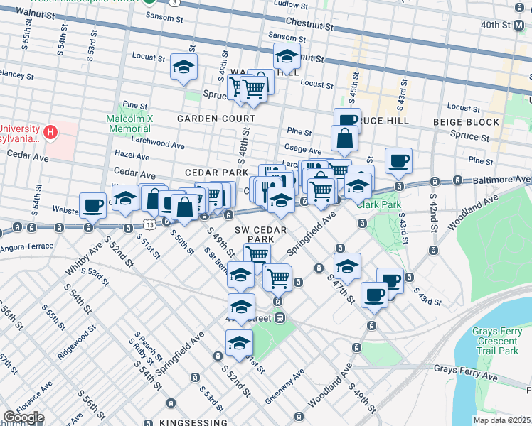 map of restaurants, bars, coffee shops, grocery stores, and more near 4702 Baltimore Avenue in Philadelphia