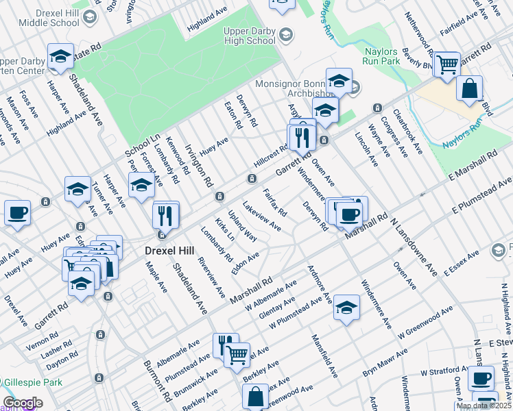 map of restaurants, bars, coffee shops, grocery stores, and more near 389 Lakeview Avenue in Drexel Hill