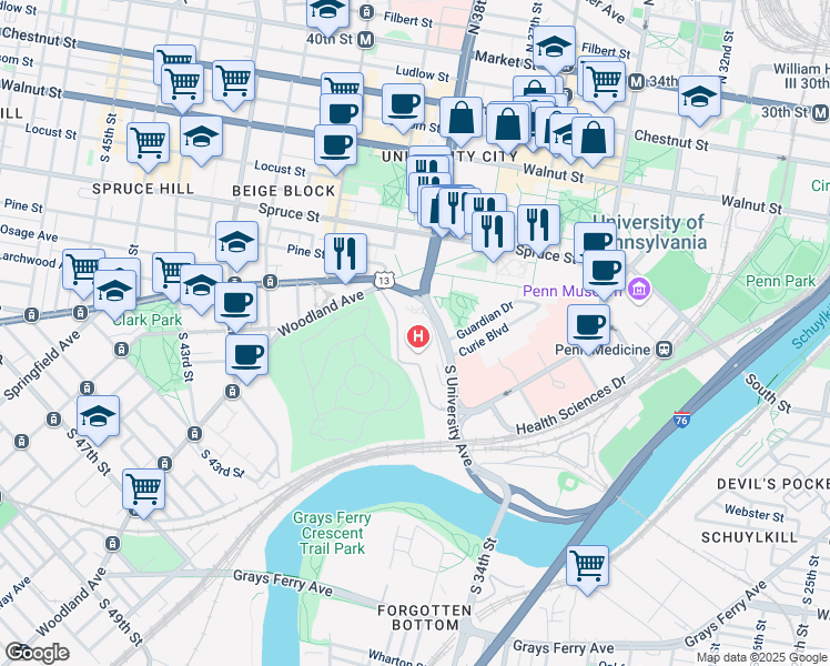 map of restaurants, bars, coffee shops, grocery stores, and more near 3900 Woodland Avenue in Philadelphia